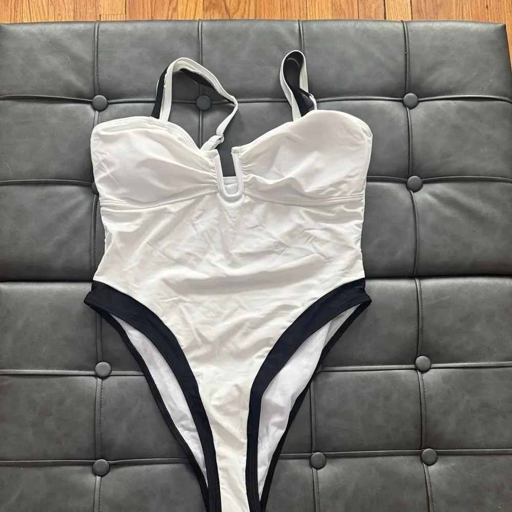 White One-Piece Swimsuit with Black Trim
